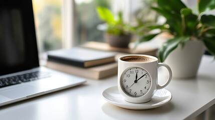 Aufkleber - Modern workplace with computer pc books alarm clock and coffee cup on white table : Generative AI
