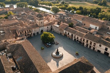 Aerial view of a historic square with a fountain and surrounding architecture.