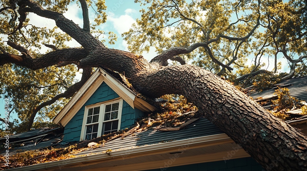 Fallen down big tree on a house roof after hurricane in Florida ...