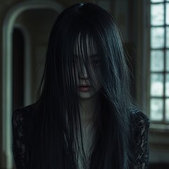 Sticker - A woman with long black hair stands in a dimly lit room, her face obscured by her hair.