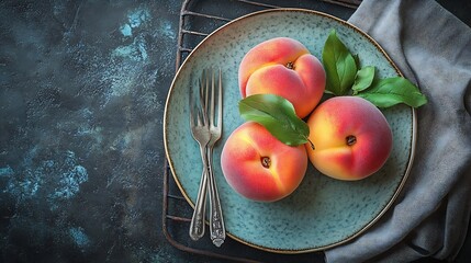 Wall Mural - Top view of seasonal peaches served on plate near plate with fork and knife placed on table near napkin and oven rack : Generative AI