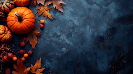 Wall Mural - Thanksgiving and Autumn decoration concept made from autumn leaves and pumpkin on dark background Flat lay top view with copy space : Generative AI