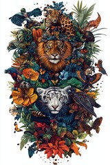 Jungle Portrait of Tigers and Birds