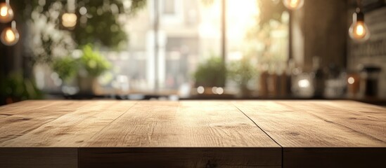 Wall Mural - 3D rendering of an empty brown wooden table with a blurred coffee shop or restaurant background featuring a bokeh effect ideal for photomontage or product display