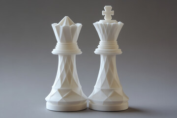 3d printed king and queen chess pieces in high detail white plastic