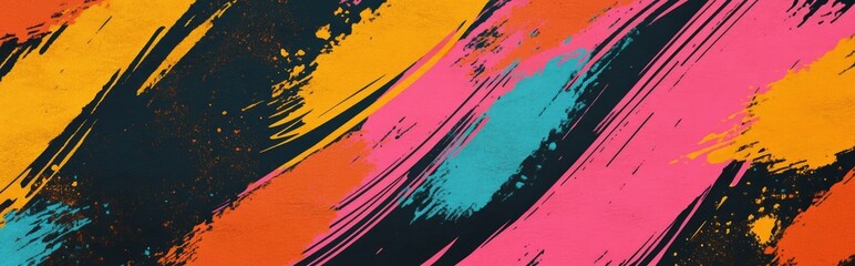 Poster - Black Modern Paintbrush Texture with Hand Drawn Lines Pattern Grunge Paint Roller featuring Summer Colors in a 1960s style Ethnic Pattern 3D Cartoon Rendering of Ink Background