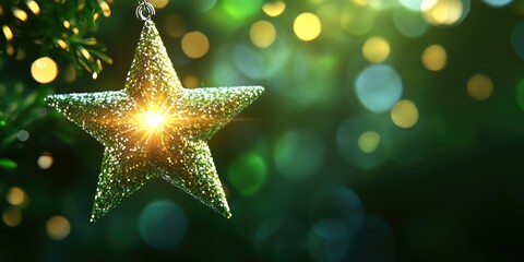 Aufkleber - Twinkling glitter forms a star in shades of white and yellow enhanced by a bokeh effect set against a dark green background with a bright highlight in the center 3D cartoon rendering