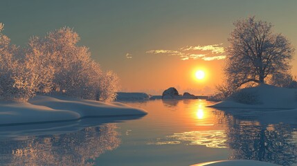 Aufkleber - Fractal image showcasing a cold winter sun reflected in water rendered in 3D cartoon style