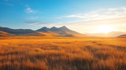 Beautiful grassland and mountain natural landscape at sunrise in Inner Mongolia China Colorful grassland natural scenery in autumn season : Generative AI