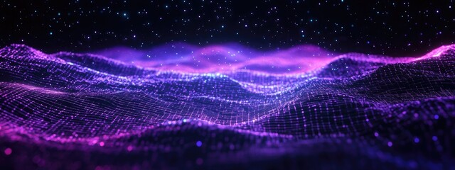 Poster - Abstract ultraviolet landscape with a dark background featuring a purple cyberspace grid high tech network and violet starry outer space texture in 3D cartoon rendering