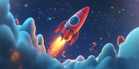 Aufkleber - Rocket and outer space in a 3D cartoon rendering digital drawing