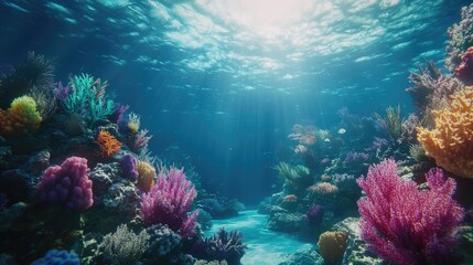 Underwater scene showcasing vibrant coral reefs and diverse marine life in a serene ocean environment