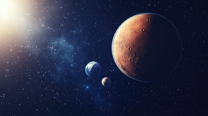 Poster - 3D cartoon rendering showcasing Mars and Earth featuring planets of the solar system set against a dark blue starry sky in space concept of traveling to Mars