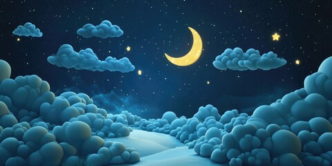 Aufkleber - 3D cartoon depiction of a night sky space featuring clouds and stars