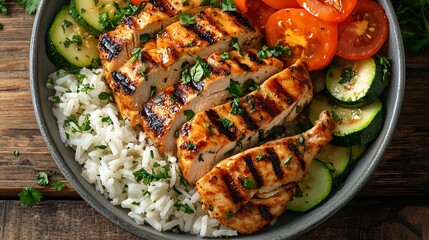 Wall Mural - Grilled chicken has rice and zucchini carrot tomato in plate on wood background top view healthy food concept : Generative AI