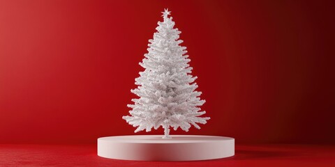 Aufkleber - Blank pedestal product stand with glass texture and a white Christmas tree on a red background 3D render