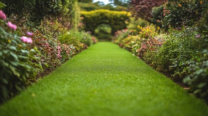 Aufkleber - Scenic view of a lush green grass lawn path through a beautiful English style landscape garden with leafy plants and colourful flowers : Generative AI