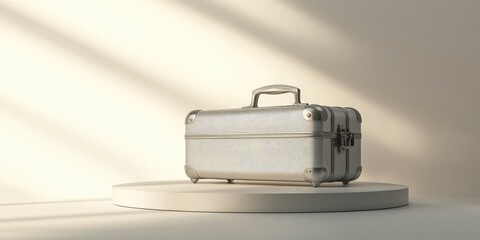 Poster - Silver suitcase trophy symbolizing victory on a podium with a light background Banner indicating second place for your travel business promotion 3D rendering