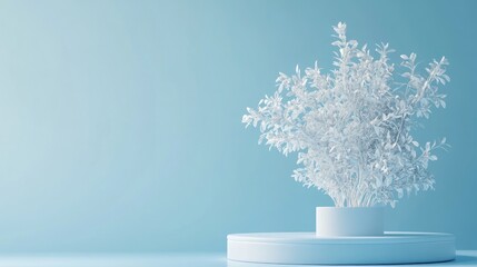 Elegant classic podium featuring a white plant against a soft blue background 3D rendering 3D illustration