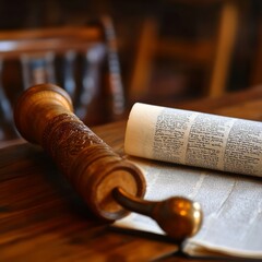 Wall Mural - A wooden Torah scroll with a brass pointer rests on an open book on a wooden table.