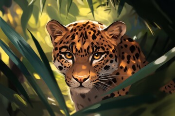 Wall Mural - Leopard Peeking Through Jungle Foliage