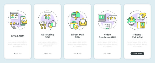 Wall Mural - ABM tools onboarding mobile app screen. Seo marketing. Walkthrough 5 steps editable graphic instructions with linear concepts. UI, UX, GUI template. Montserrat SemiBold, Regular fonts used