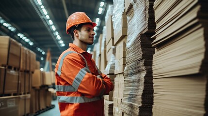 Aufkleber - Professional worker team in safety uniform supervisor inspector in packaging stock order at cardboard factory warehouse piles of stacking paper manufacture recycling industrial product : Generative AI