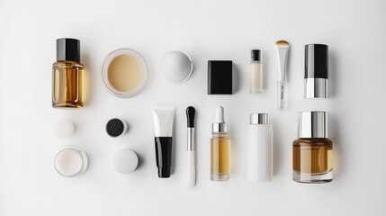 Aesthetic arrangement of various cosmetic products on a clean white background showcasing beauty essentials for skincare and makeup