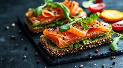 Sticker - Sandwiches with salted salmon Healthy food breakfast Top view : Generative AI