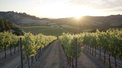 Rows of grape vines in a vineyard with hills in the background. The sun is setting in the distance, casting a warm glow over the landscape.