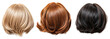 © Flowal93 - close-up collection of blonde, red, and black short bob wigs in back view isolated on a transparent background, perfect for hair styling, fashion design, and beauty product advertising