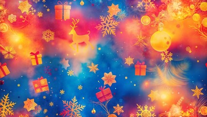 Colorful abstract Christmas background featuring gifts, reindeer, and festive decorations