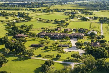 Aerial view of a serene landscape featuring green fields and a cluster of buildings.