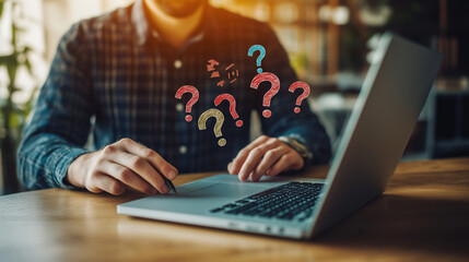 A man sits at a wooden desk, typing on his laptop, as colorful question marks rise from the keyboard, indicating a brainstorming session in web design.