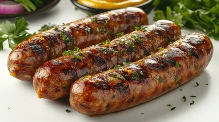 Wall Mural - German bratwurst sausage with mustard on a white background