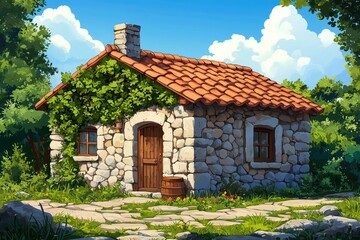 Poster - Stone Cottage with Ivy and Tile Roof in a Forested Setting