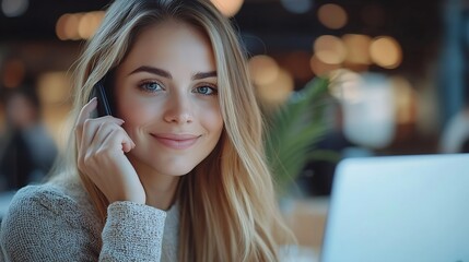 Wall Mural - Sharing good business news Attractive young businesswoman talking on the mobile phone and smiling while sitting at her working place in office and looking at laptop PC : Generative AI