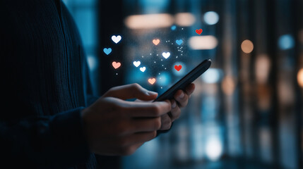 Hands holding a mobile phone with an array of social media icons like hearts and shares floating in the air, showcasing the importance of online presence in marketing.