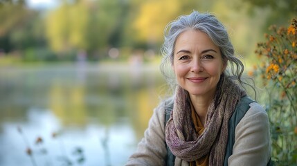 Lake portrait and smile with senior woman outdoor in garden for holiday retirement or vacation Chair nature and relax with happy elderly person sitting by water in park for chilling or : Generative AI