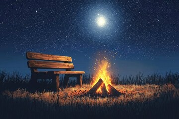 Wall Mural - A Wooden Bench by a Campfire Under a Starry Night