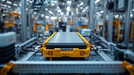 Poster - Generic EV Battery Pack on Electric Car Production Line inside Modern Factory High Capacity Battery for Automotive Industry Lithiumion Highvoltage Battery for Electric Vehicle or Hybri : Generative AI