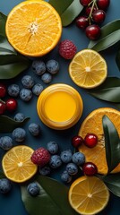 Wall Mural - A blue background with a variety of fruits including oranges, blueberries