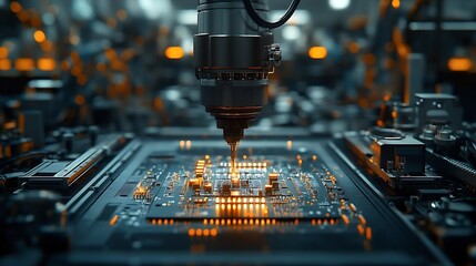 Aufkleber - Advanced High Precision Robot Arm inside Electronics Factory Component Installation on Black Circuit Board Electronic Devices Production Industry Fully Automated Modern PCB Assembly Li : Generative AI