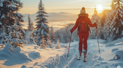 Female athlete is ski touring through a snowy forest on a sunny mountain trail