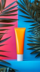 Wall Mural - A tube of orange lotion is sitting on a blue and pink background