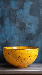 Wall Mural - A yellow bowl with black spots sits on a wooden shelf