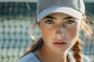 Canvas Print - Closeup Generative AI portrait of focused sportsman sportswoman at tennis court practicing preparing for contest