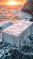 A white block of marble sits on a rocky cliff overlooking the ocean