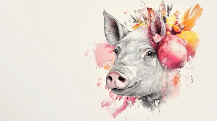 Wall Mural - Pig with Watercolor Flowers