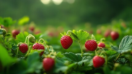 Poster - Wild strawberry bushes with berries growing on farm ootty Tamilnadu : Generative AI